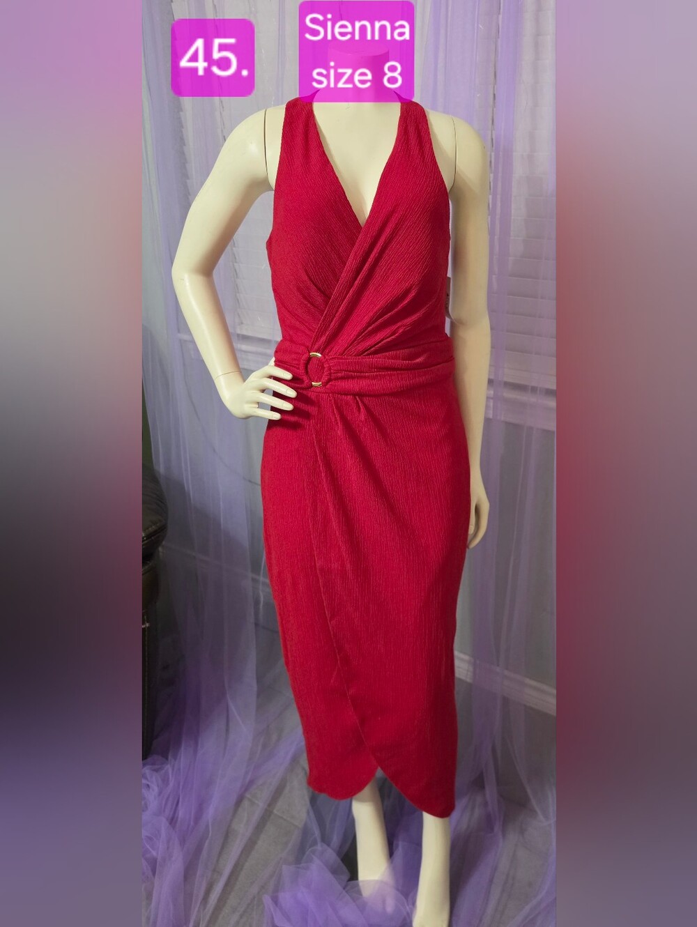 Sienna Studio Red Sleeveless Wrap Midi Dress with Gold Ring